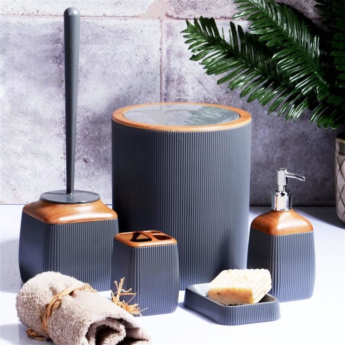Ahşap Fitilli 5'Li Banyo Seti Lavabo Takımı Füme