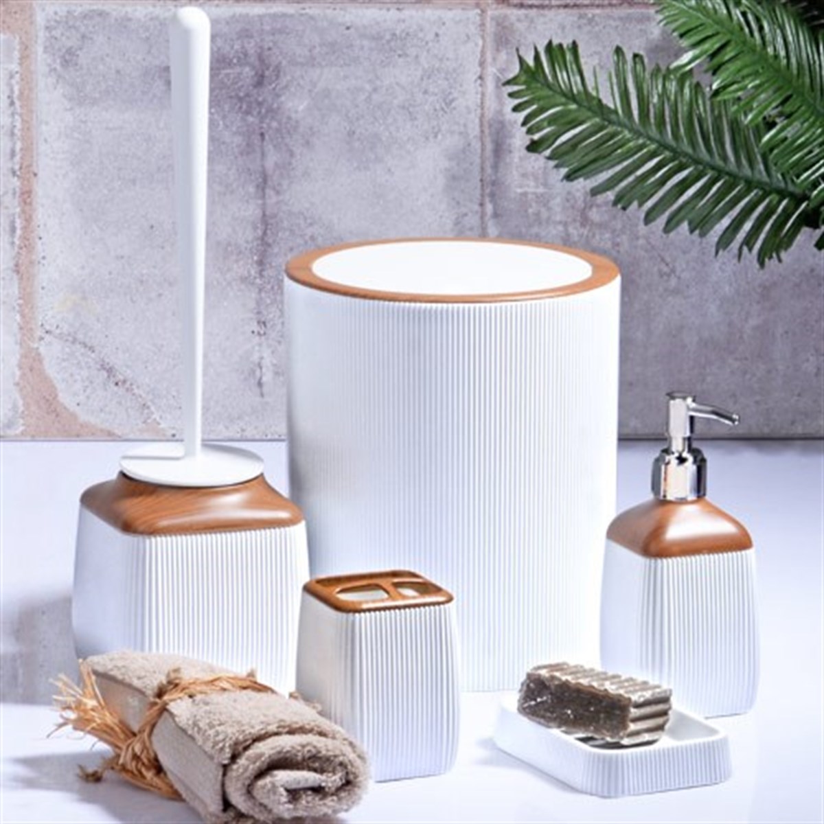 Ahşap Fitilli 5'Li Banyo Seti Lavabo Takımı Beyaz