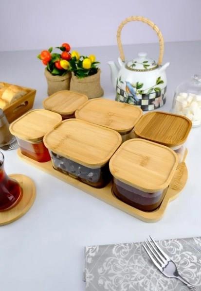 Bambu Kapaklı 6’lı Cam Kahvaltılık Vakumlu Kapak Borosilikat Kahvaltı Seti
