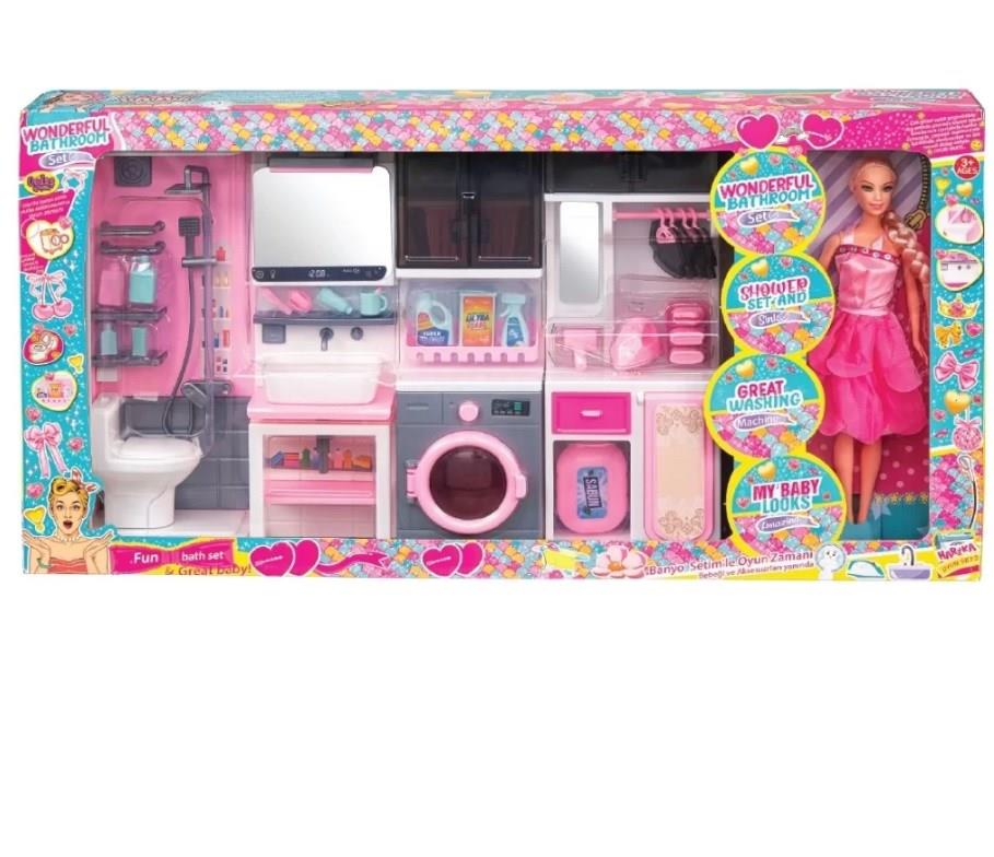 Bebekli Banyo Mutfak Duş Seti Pembe Evcilik Seti Eğitici Oyuncak