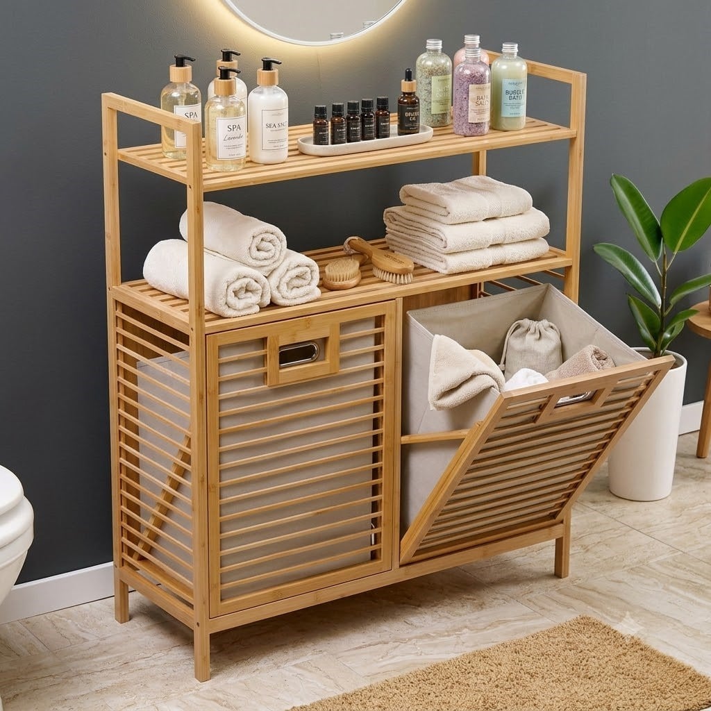 Çok Amaçlı Bambu Banyo Dolabı Düzenleyici Raf Ve Çift Bölmeli Kirli Çamaşır Sepeti