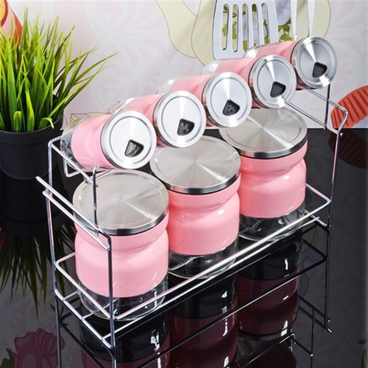 Dk-076 Metal 8'Li Lüks Cam Baharat Takımı Pembe