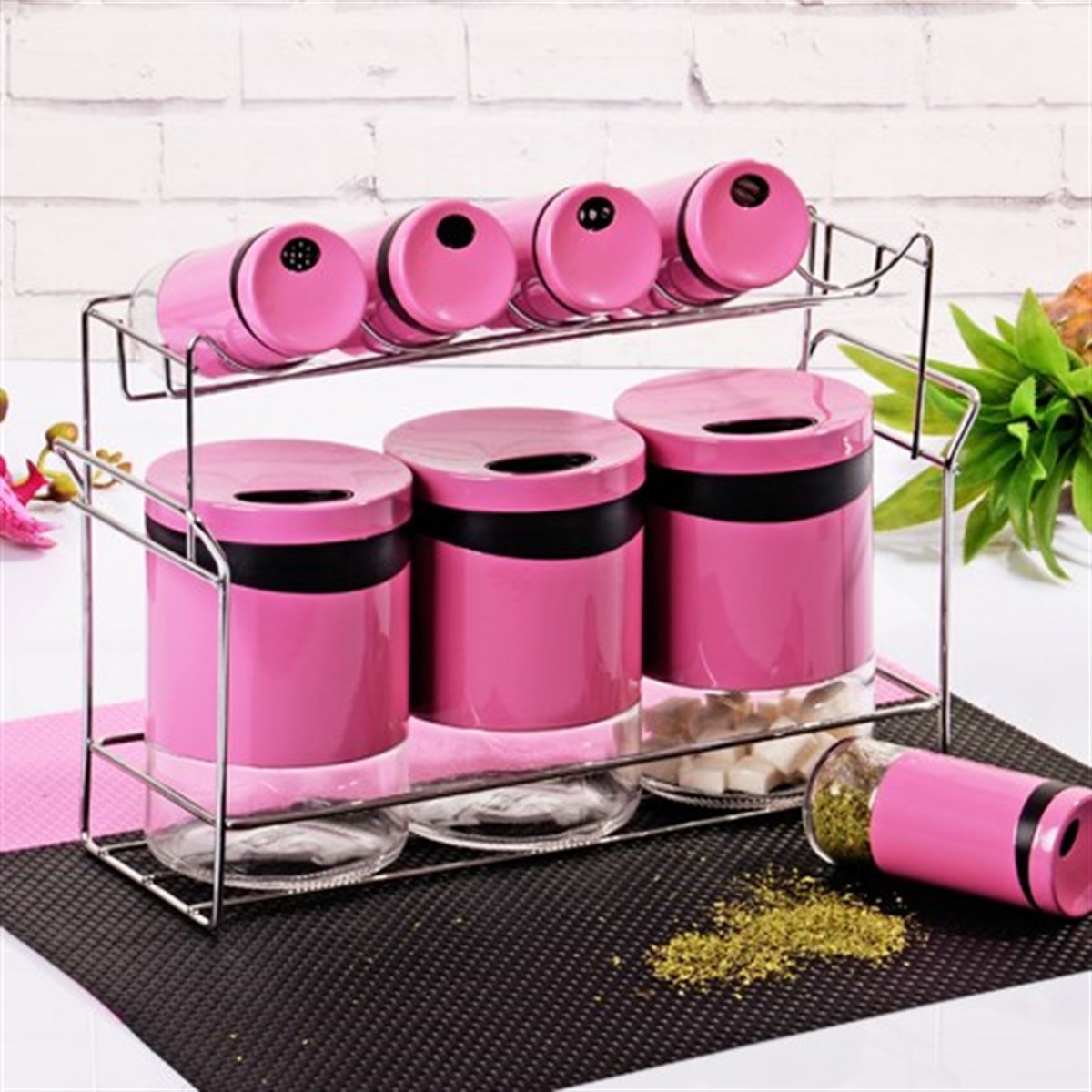 DK-118 Metal Lüks 8'li Baharat Takımı Metal Giydirme Cam Fuşya