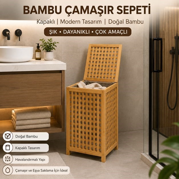 Doğal Bambu Çamaşır Sepeti Kapaklı Kirli Çamaşır Saklama Sepeti Banyo Organizeri