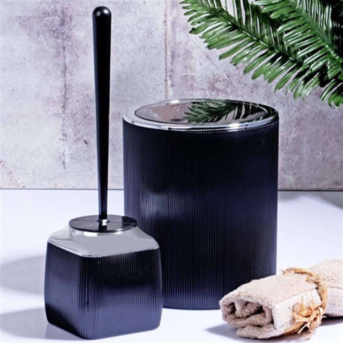 Fitilli 2'Li Banyo Seti Çöp Kovası Klozet Fırçası Siyah