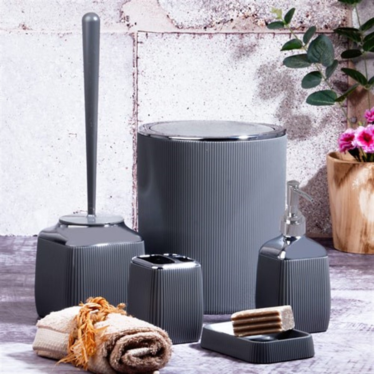 Fitilli 5'Li Banyo Seti Kron Füme Lavabo Takımı
