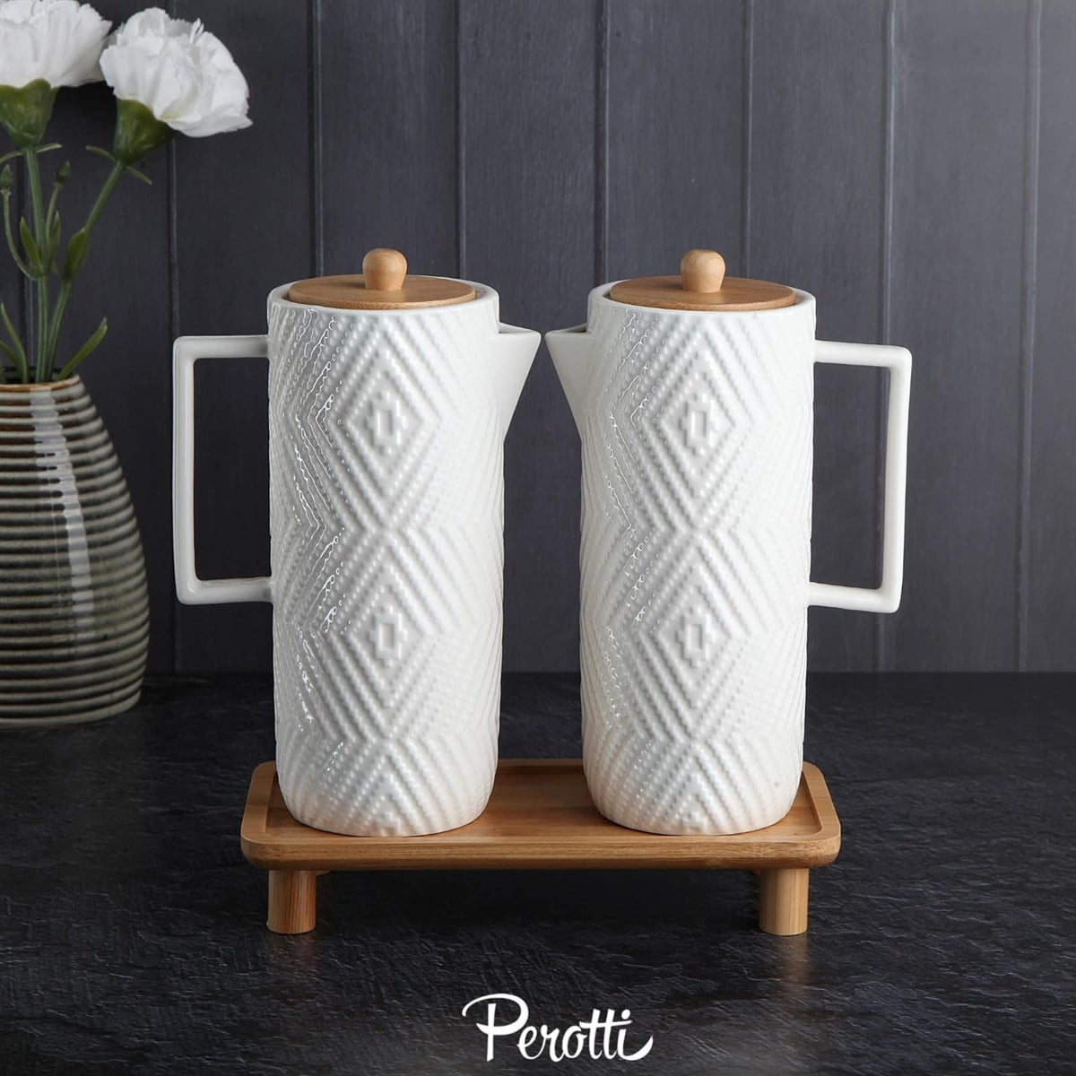 Perotti Dante Porselen 600 Ml Yağdanlık Seti Bambu Standlı