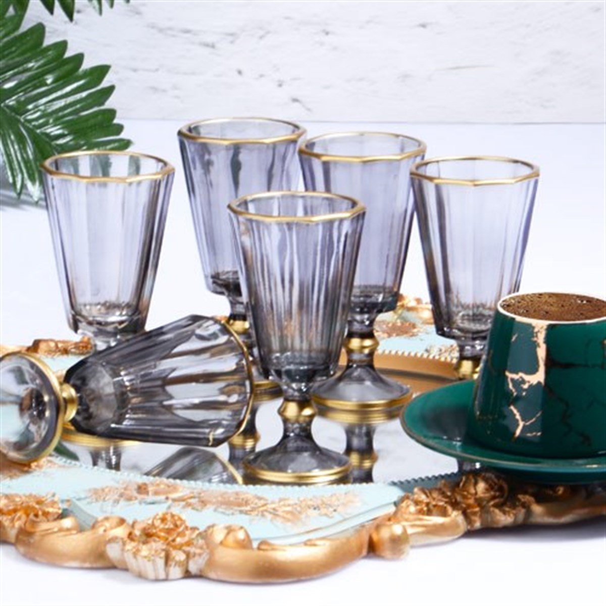 Queenshort Kristal Füme Ayaklı 6'lı Kahve Yanı Su Bardağı