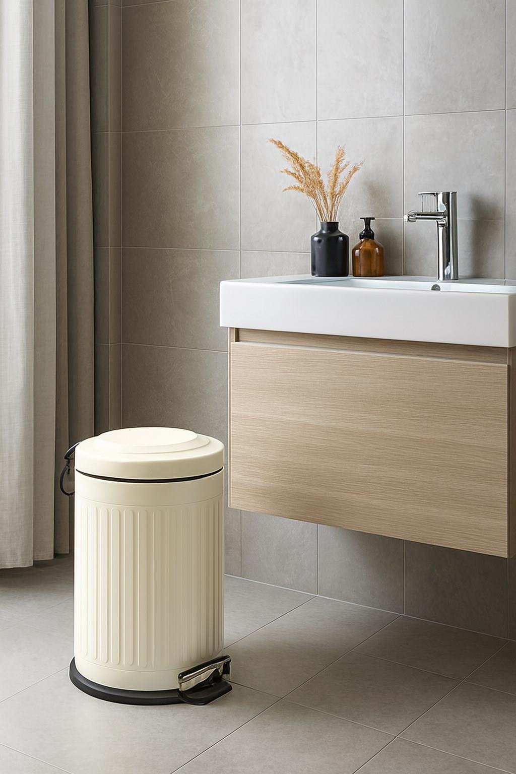 Vintage 12 Lt Yavaş Kapanır Kapaklı Ofis Mutfak Banyo Balkon Çöp Kovası Krem