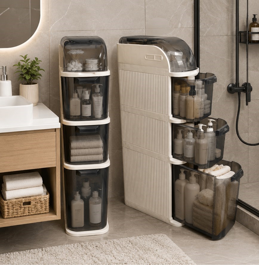 XL Portatif Dolap Çok Amaçlı Tekerlekli Banyo Dolabı Şeffaf Kapaklı Düzenleyici Organizer 