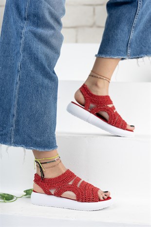 Kırmızı Dantelli Kadın Dantelli Sandalet