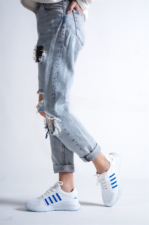 Beyaz-Mavi Kadın Şeritli Sneaker