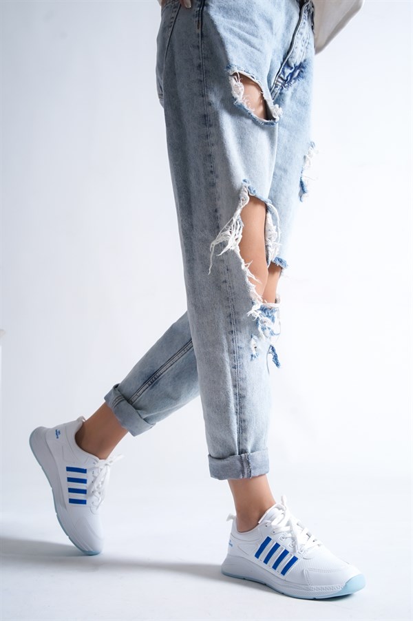 Beyaz-Mavi Kadın Şeritli Sneaker