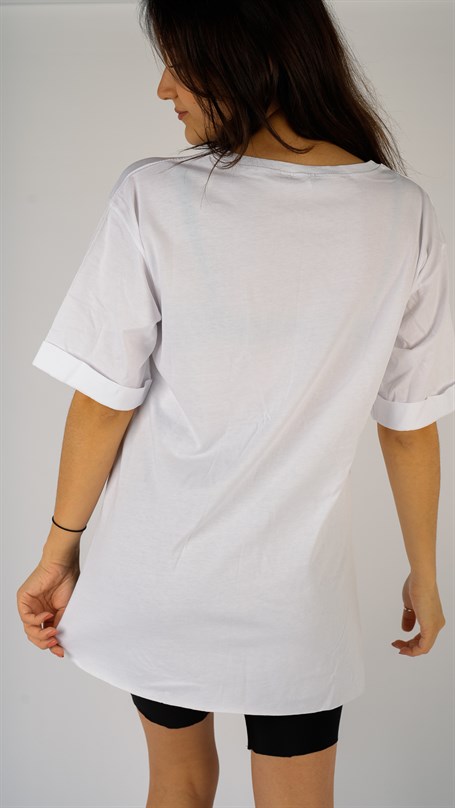 Beyaz Kadın Yaprak Baskı T-shirt