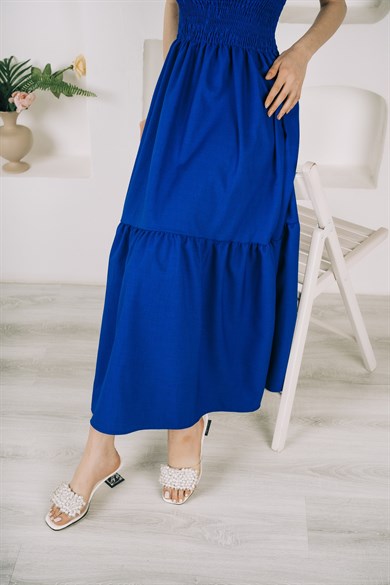 Saks Mavi Kadın Gipeli Kalın Askılı Elbise