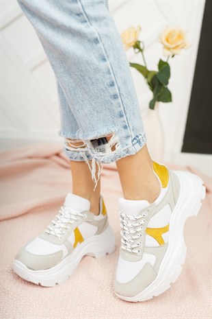 Beyaz-Sarı Kadın Sneaker