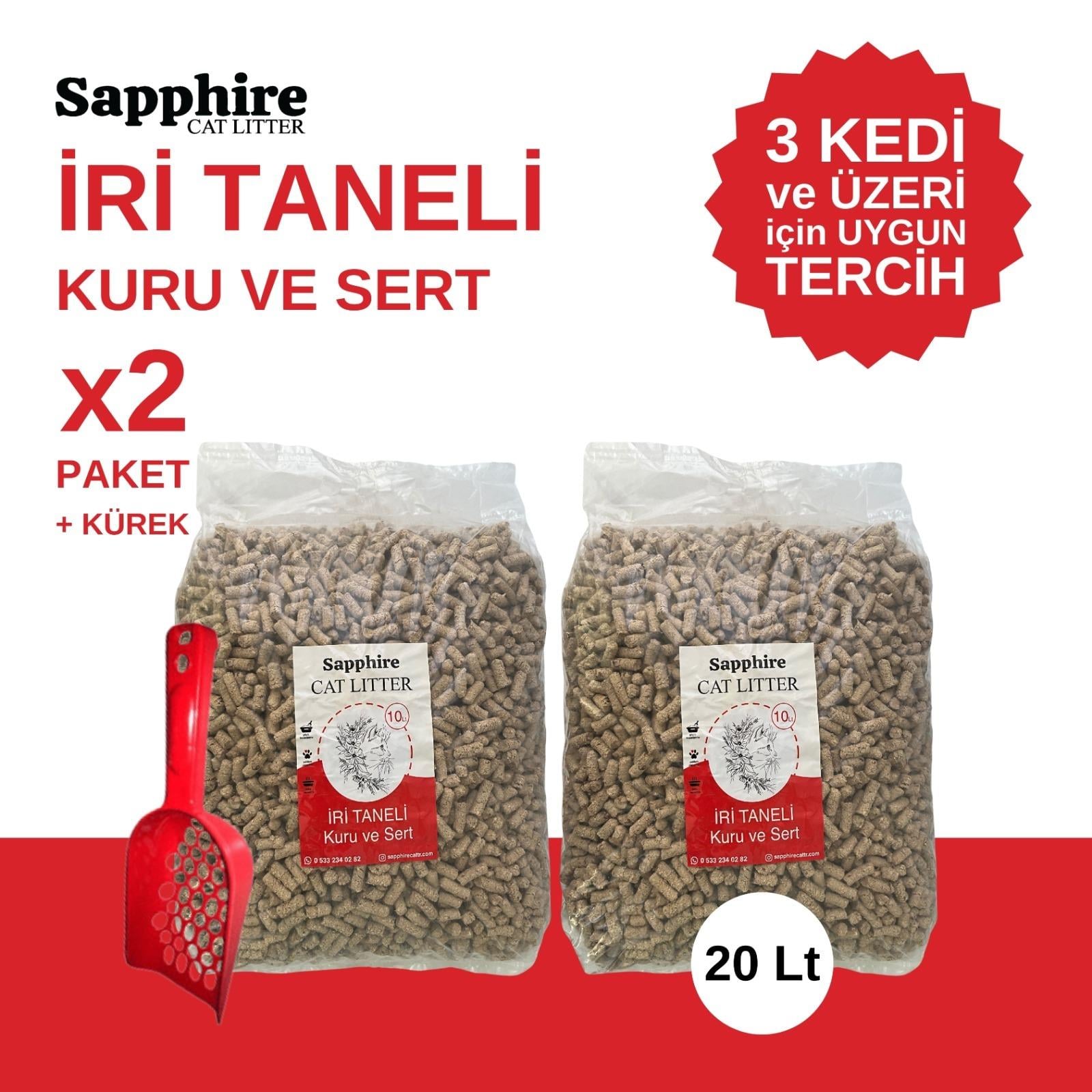 Sapphire İri & Kalın Taneli Topaklanan Kedi Kumu 20 Lt + Kürek (10 Lt x 2 Adet) 