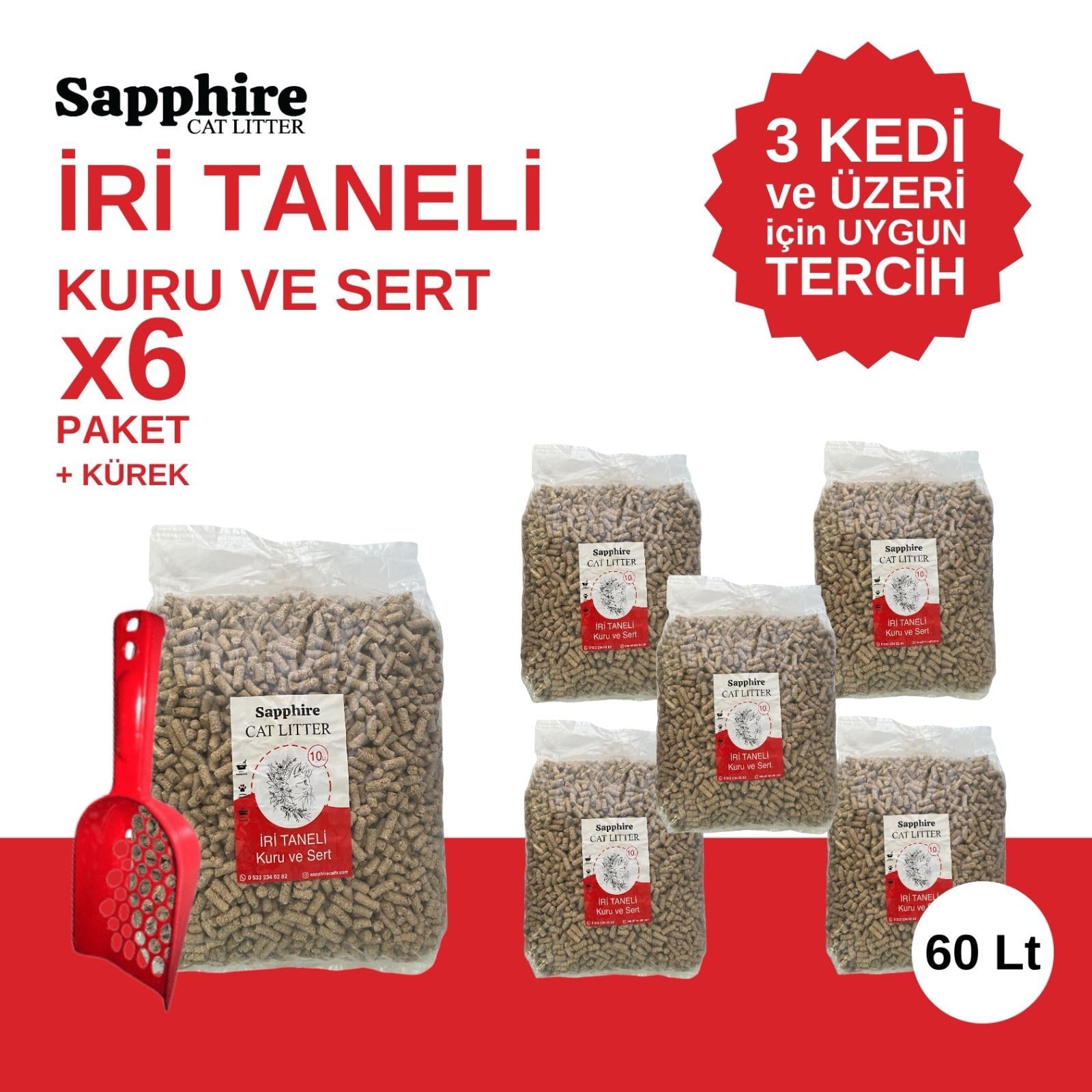 Sapphire İri & Kalın Taneli Topaklanan Kedi Kumu 60 Lt + Kürek (10 Lt x 6 Adet)