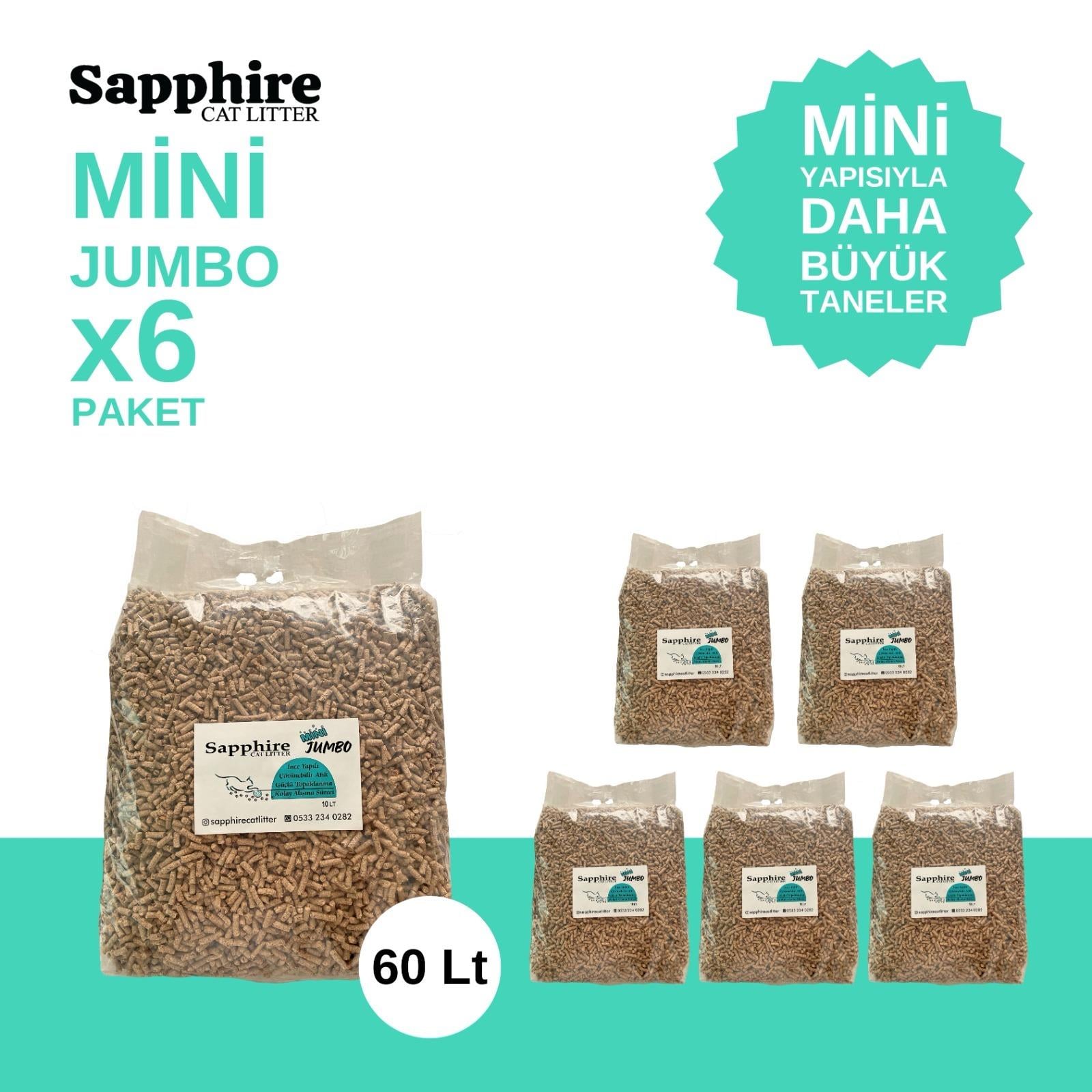 Sapphire Mini Jumbo İnce Taneli Hızlı Topaklanan Kedi Kumu 60 Lt (10 Lt x 6 Adet)