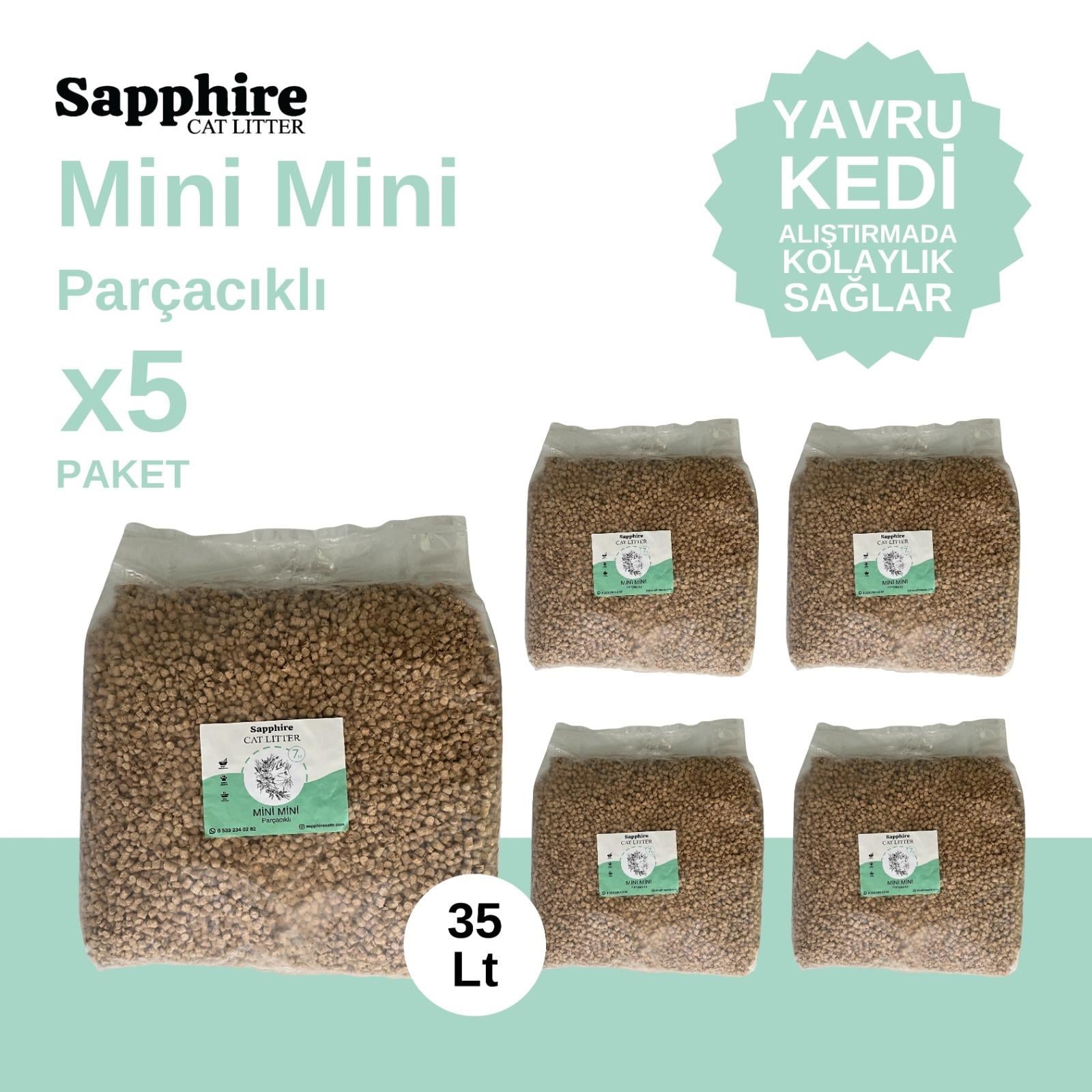 Sapphire Mini Mini Parçacıklı Hızlı Topaklanan Tozsuz Kedi Kumu 35 Lt (7 Lt x 5 Adet)