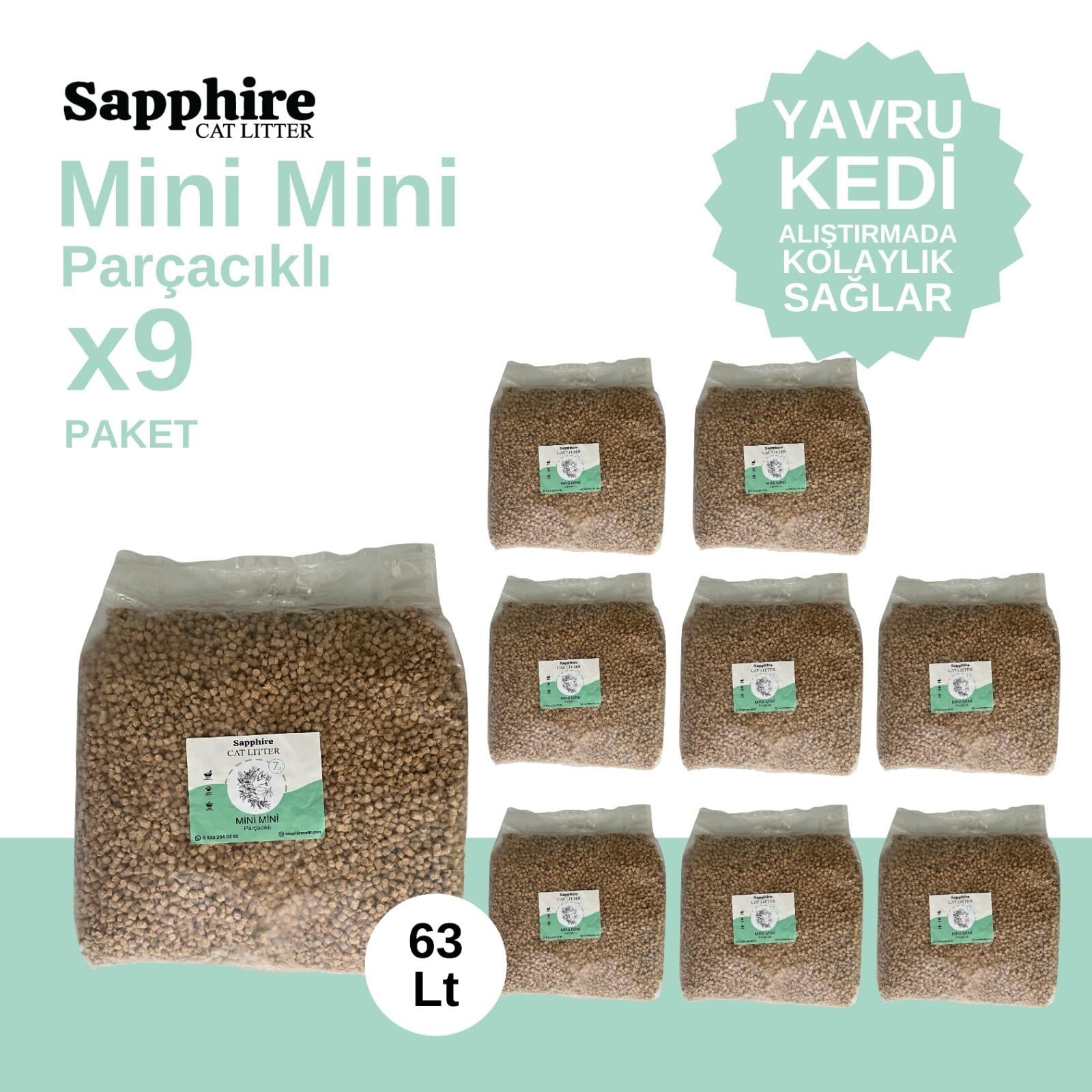 Sapphire Mini Mini Parçacıklı Hızlı Topaklanan Tozsuz Kedi Kumu 63 Lt (7 Lt x 9 Adet)