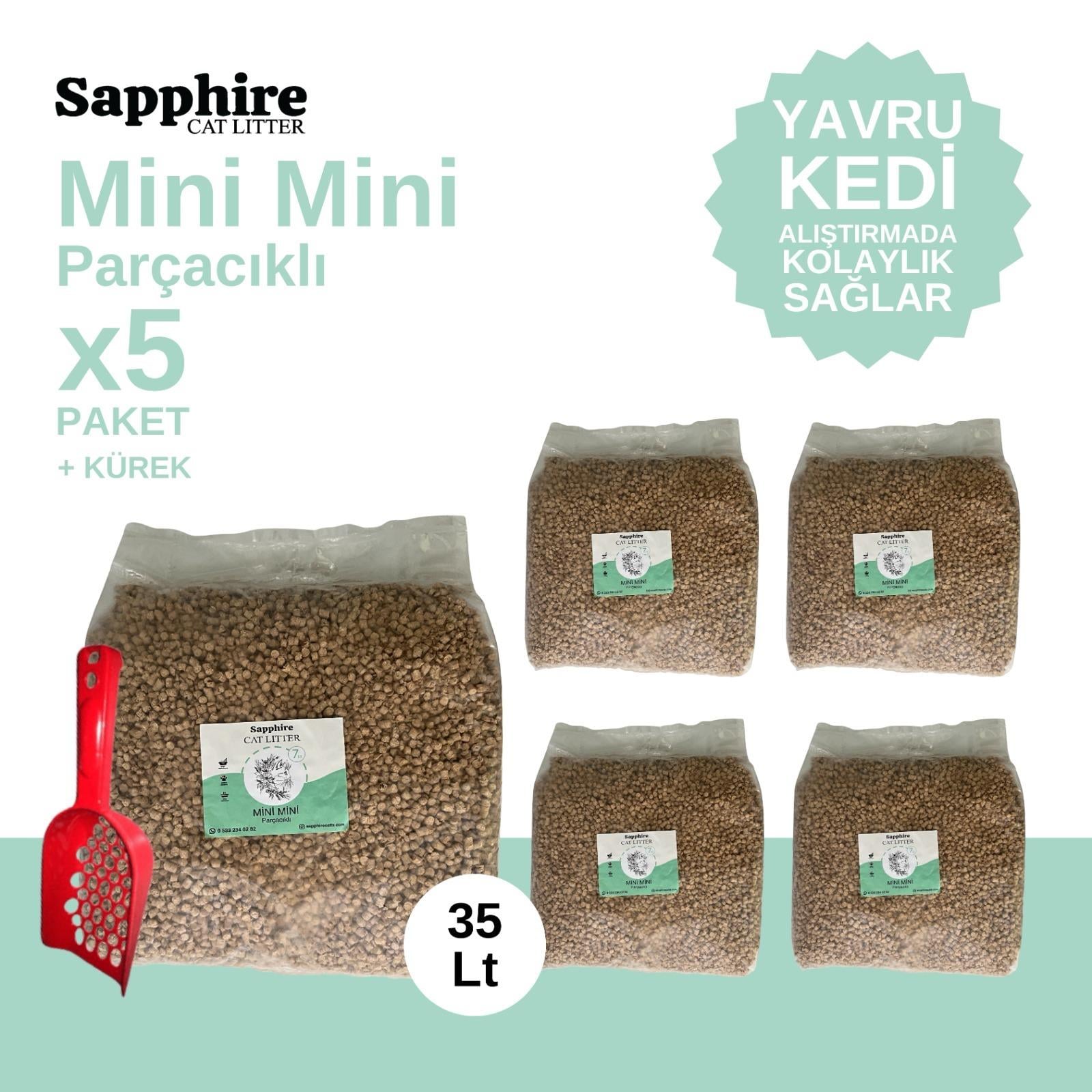 Sapphire Mini Mini Parçacıklı Topaklanan Tozsuz Kedi Kumu 35 Lt + Kürek (7 Lt x 5 Adet)