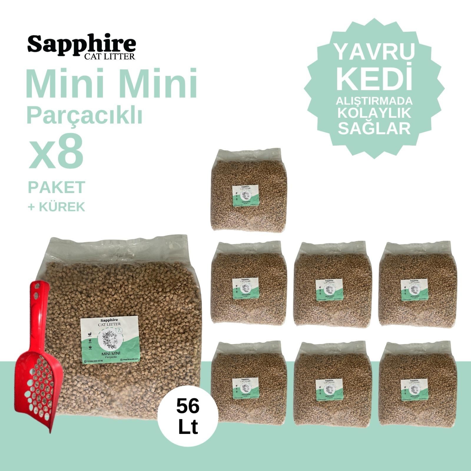 Sapphire Mini Mini Parçacıklı Topaklanan Tozsuz Kedi Kumu 56 Lt + Kürek (7 Lt x 8 Adet)