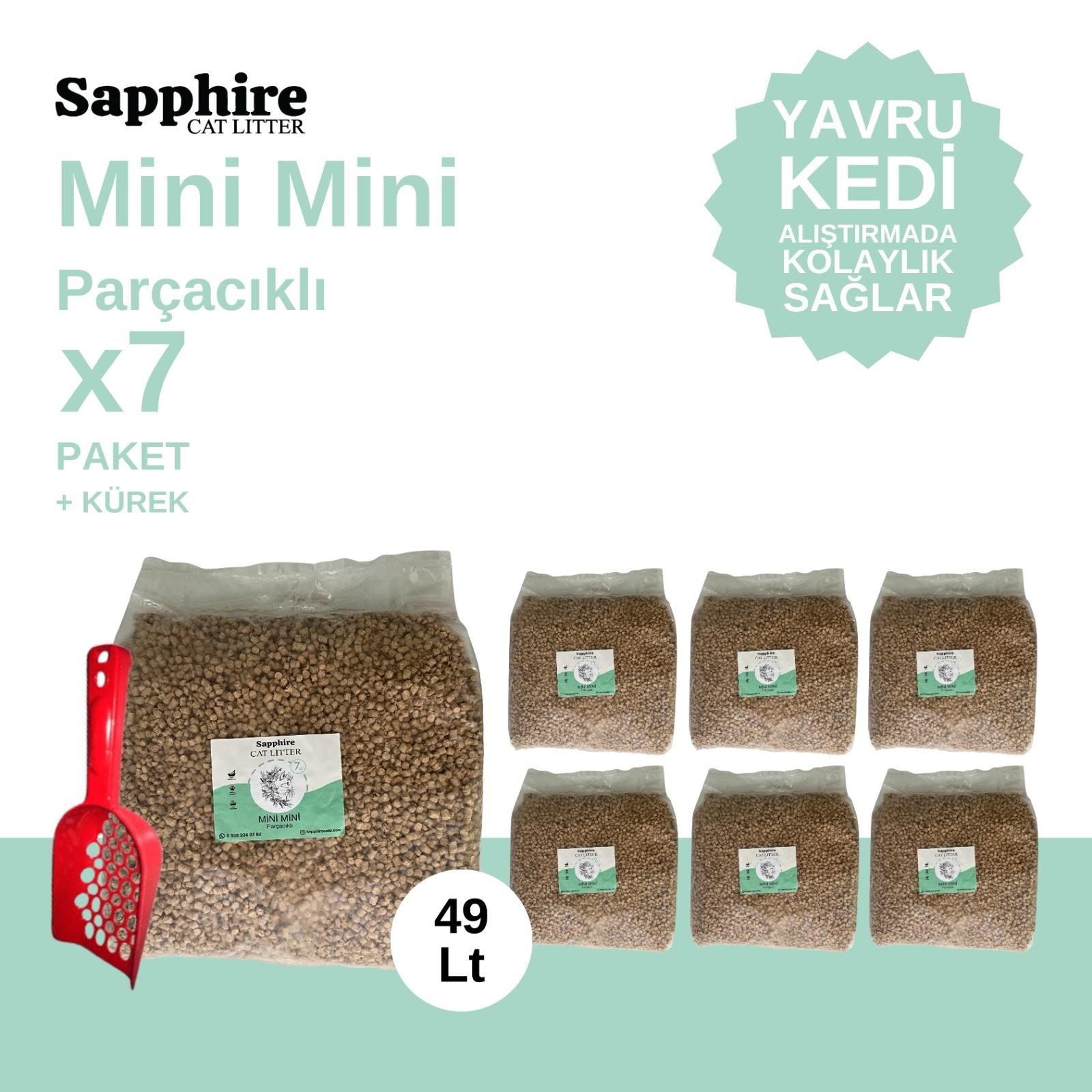 Sapphire Mini Mini Parçacıklı Topaklanan Tozsuz Kedi Kumu 49 Lt + Kürek (7 Lt x 7 Adet)