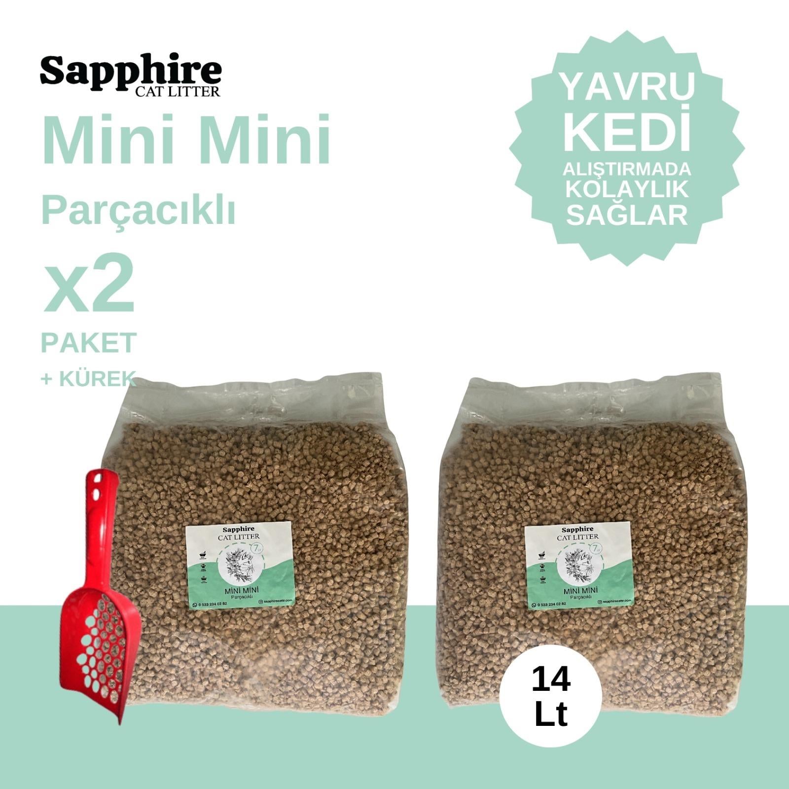 Sapphire Mini Mini Parçacıklı Topaklanan Tozsuz Kedi Kumu 14 Lt + Kürek (7 Lt x 2 Adet)