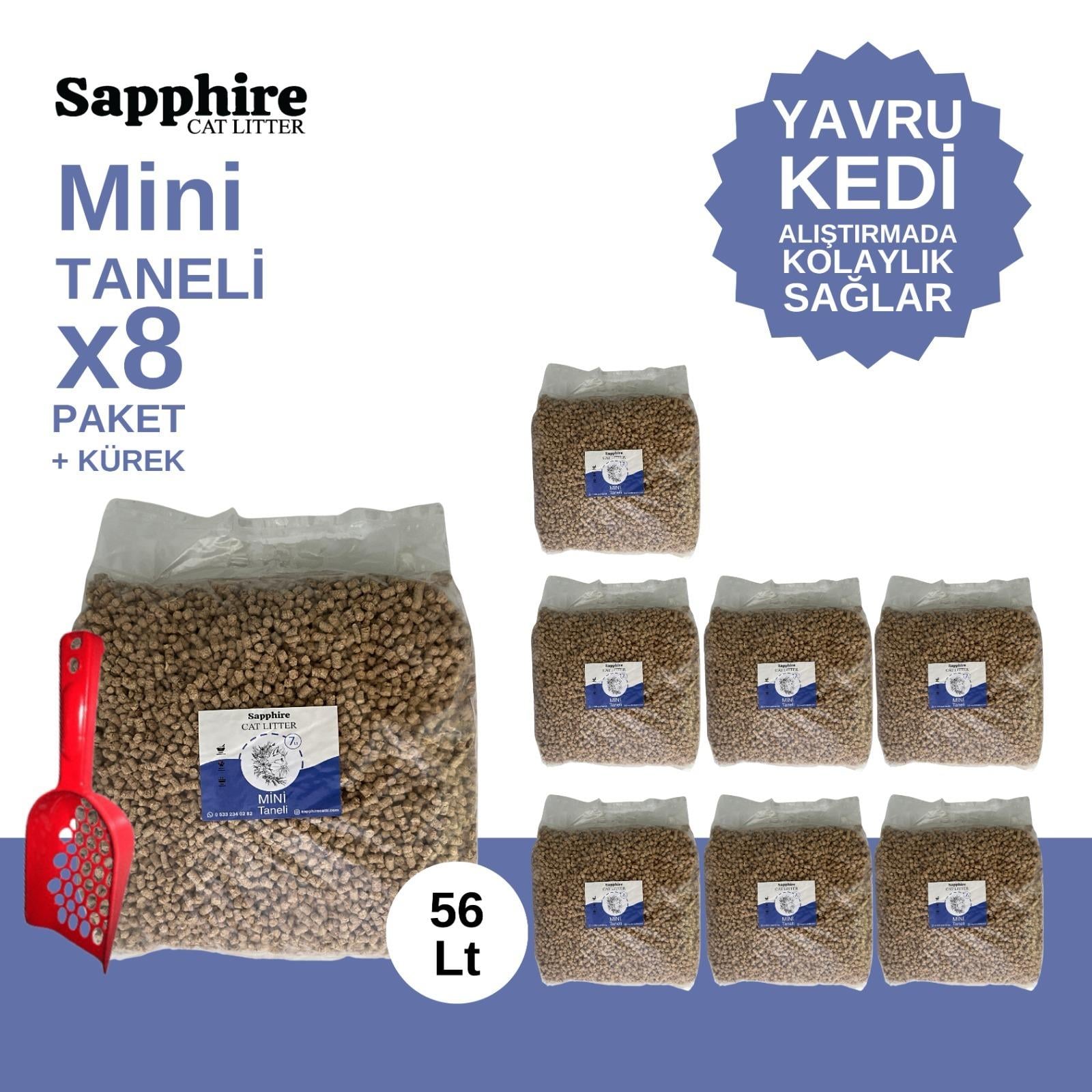 Sapphire Mini Topaklanan Tozsuz İnce Taneli Kedi Kumu 56 Lt + Kürek (7 Lt x 8 Adet)