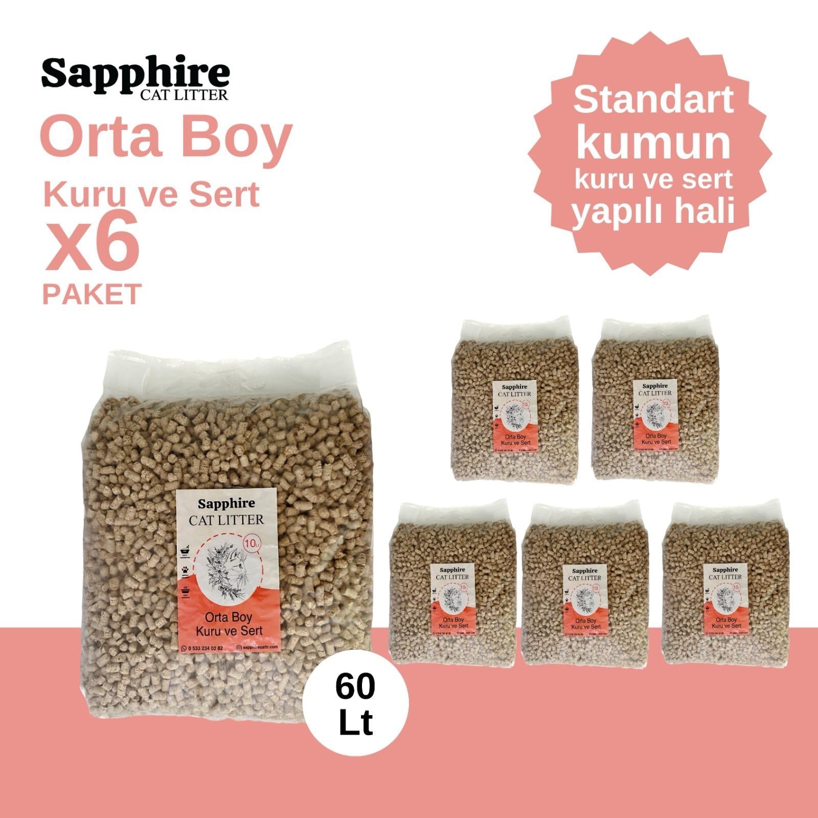 Sapphire Orta Boy Kuru ve Sert Topaklanan Kedi Kumu 60 Lt (10 Lt x 6 Adet)