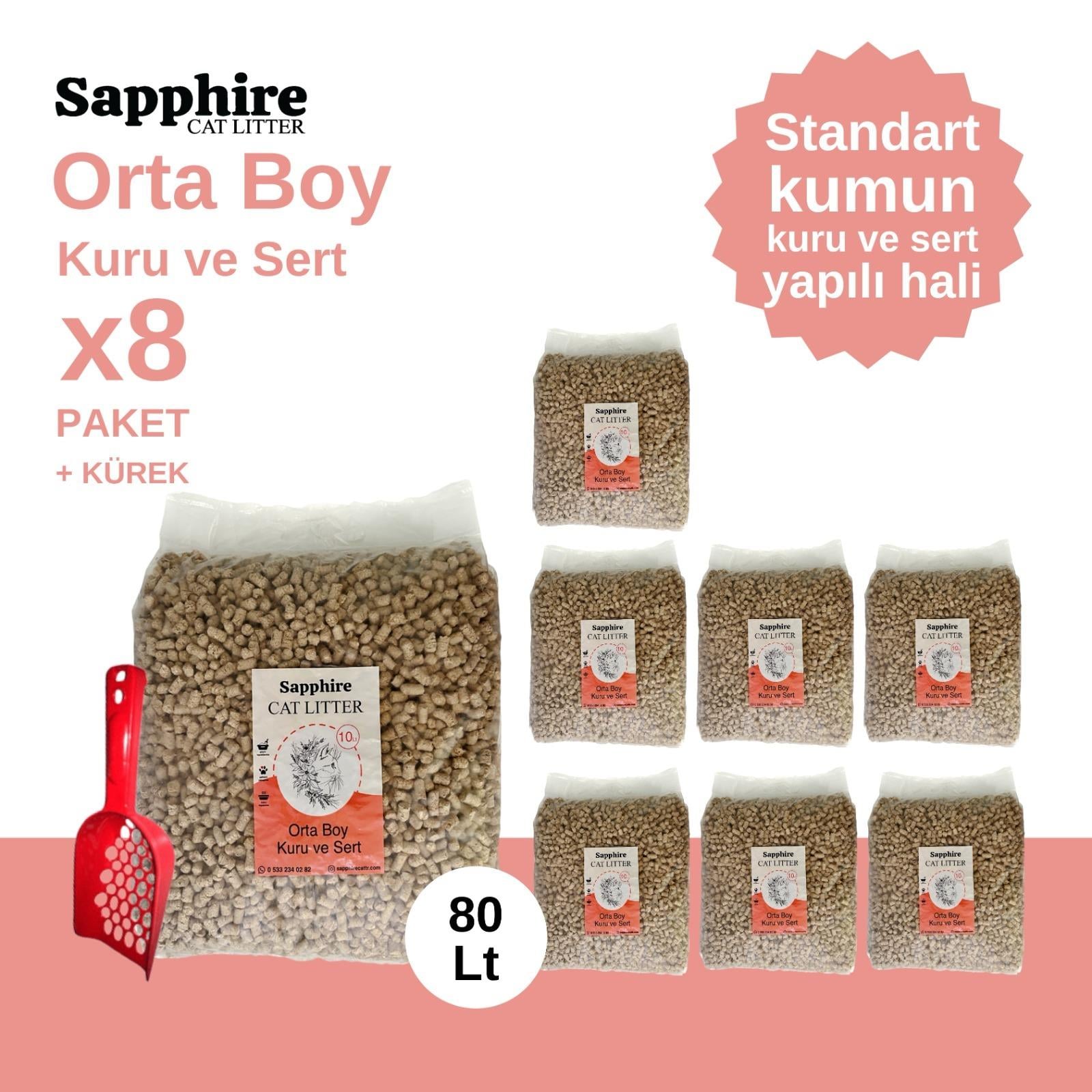 Sapphire Orta Boy Kuru ve Sert Topaklanan Kedi Kumu 80 Lt + Kürek (10 Lt x 8 Adet)