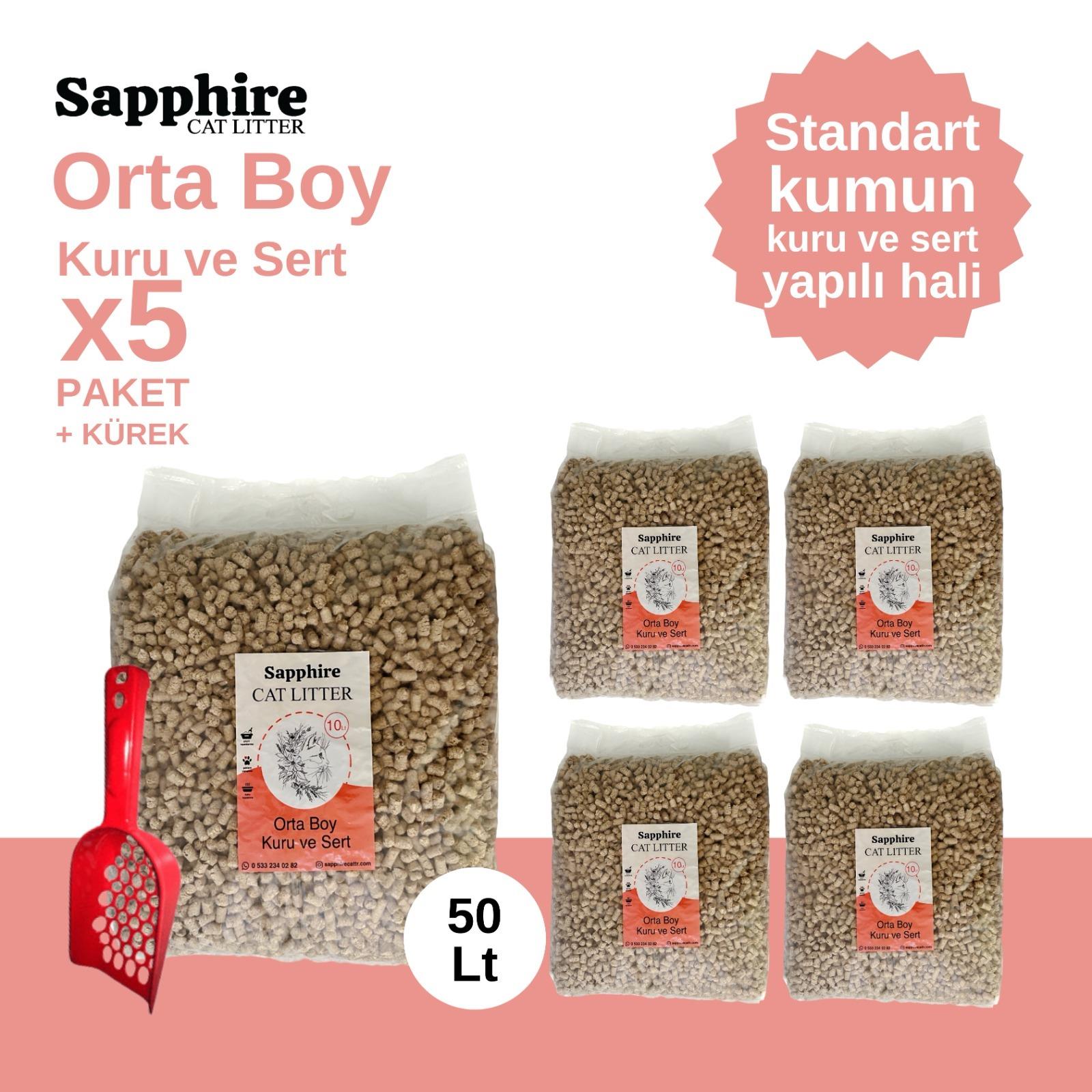 Sapphire Orta Boy Kuru ve Sert Topaklanan Kedi Kumu 50 Lt + Kürek (10 Lt x 5 Adet)