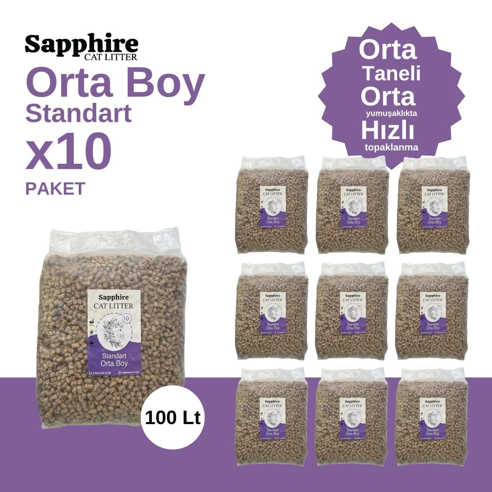 Sapphire Standart Orta Boy Orta Taneli Hızlı Topaklanan Kedi Kumu 100 Lt (10 Lt x 10 Adet)