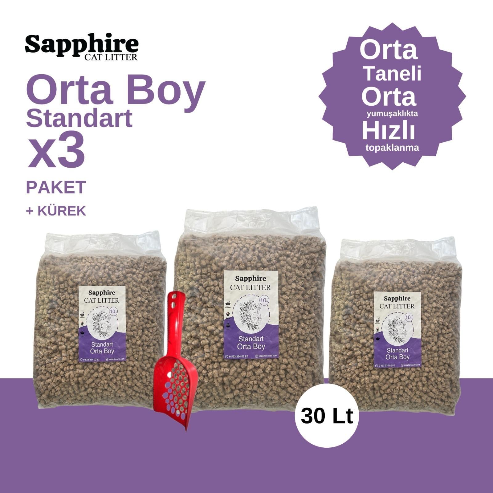 Sapphire Standart Orta Boy Orta Taneli Hızlı Topaklanan Kedi Kumu 30 Lt + Kürek (10 Lt x 3 Adet)