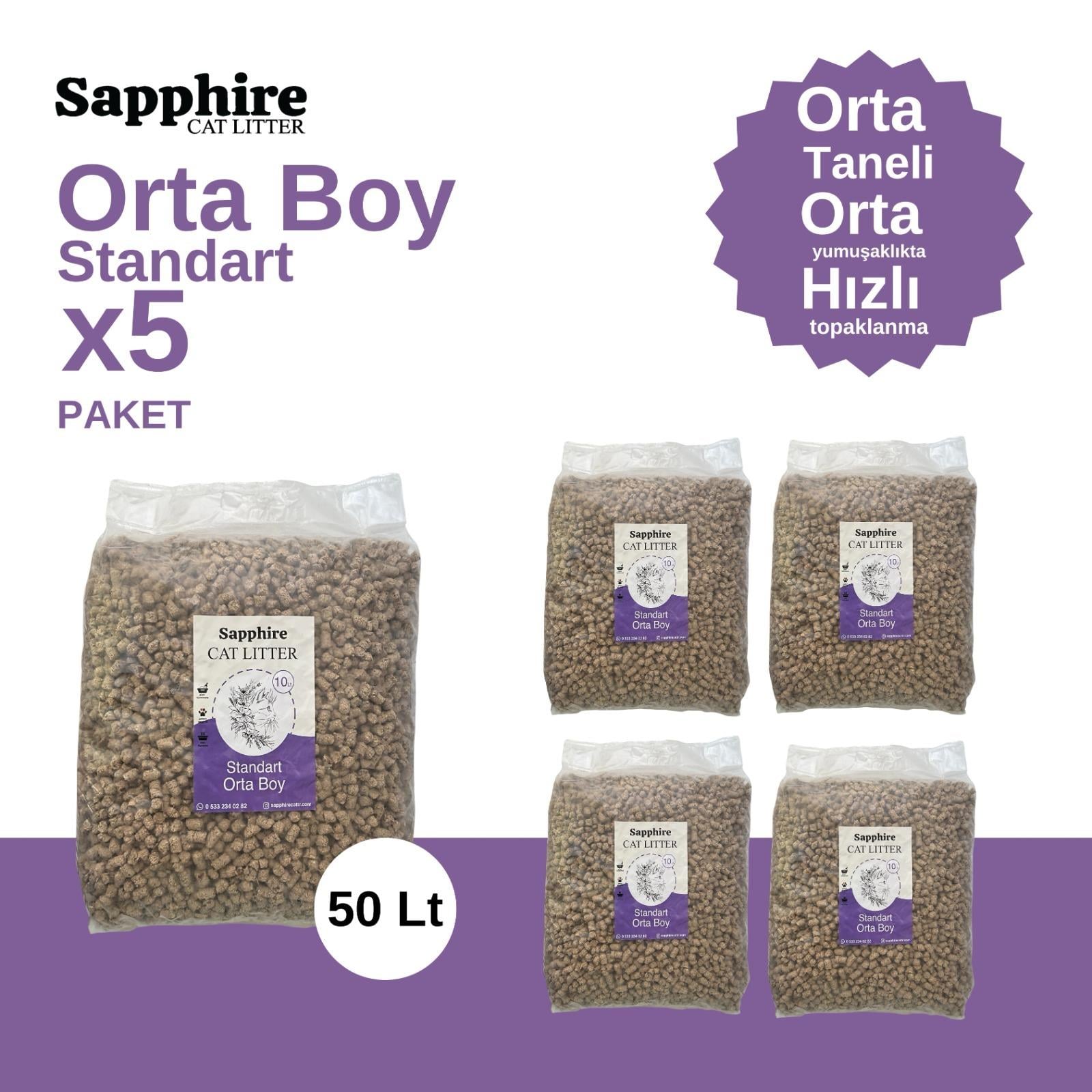 Sapphire Standart Orta Boy Orta Taneli Hızlı Topaklanan Kedi Kumu 50 Lt (10 Lt x 5 Adet)