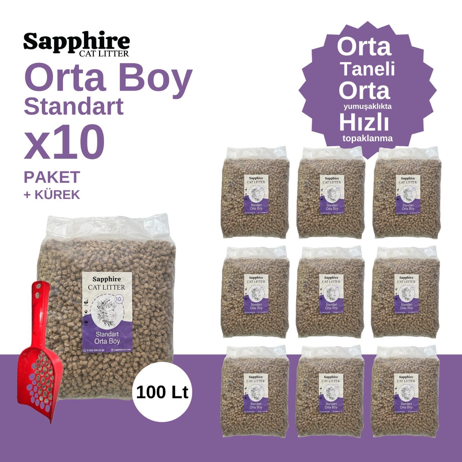 Sapphire Standart Orta Boy Orta Taneli Hızlı Topaklanan Kedi Kumu 100 Lt + Kürek (10 Lt x 10 Adet)