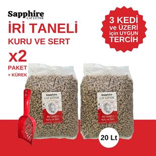 Sapphire İri & Kalın Taneli Topaklanan Kedi Kumu 20 Lt + Kürek (10 Lt x 2 Adet) 
