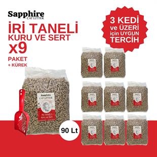 Sapphire İri & Kalın Taneli Topaklanan Kedi Kumu 90 Lt + Kürek (10 Lt x 9 Adet)
