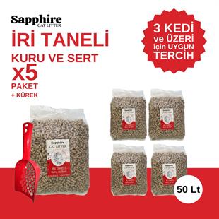 Sapphire İri & Kalın Taneli Topaklanan Kedi Kumu 50 Lt + Kürek (10 Lt x 5 Adet)