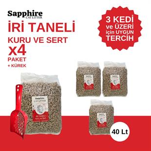Sapphire İri & Kalın Taneli Topaklanan Kedi Kumu 40 Lt + Kürek (10 Lt x 4 Adet)