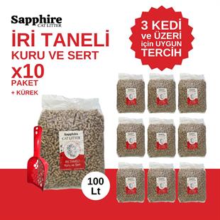 Sapphire İri & Kalın Taneli Topaklanan Kedi Kumu 100 Lt + Kürek (10 Lt x 10 Adet)