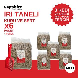 Sapphire İri & Kalın Taneli Topaklanan Kedi Kumu 60 Lt + Kürek (10 Lt x 6 Adet)