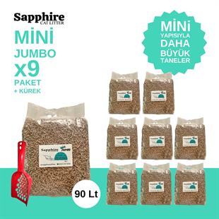 Sapphire Mini Jumbo İnce Taneli Hızlı Topaklanan Kedi Kumu 90 Lt + Kürek (10 Lt x 9 Adet)