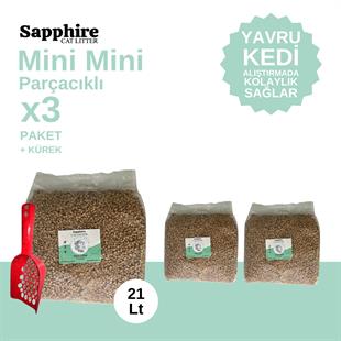 Sapphire Mini Mini Parçacıklı Hızlı Topaklanan Tozsuz Kedi Kumu 21 Lt + Kürek (7 Lt x 3 Adet)