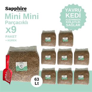 Sapphire Mini Mini Parçacıklı Topaklanan Tozsuz Kedi Kumu 63 Lt + Kürek (7 Lt x 9 Adet)