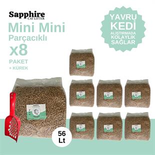 Sapphire Mini Mini Parçacıklı Topaklanan Tozsuz Kedi Kumu 56 Lt + Kürek (7 Lt x 8 Adet)