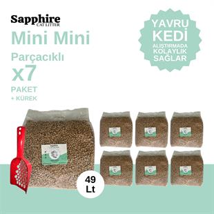 Sapphire Mini Mini Parçacıklı Topaklanan Tozsuz Kedi Kumu 49 Lt + Kürek (7 Lt x 7 Adet)