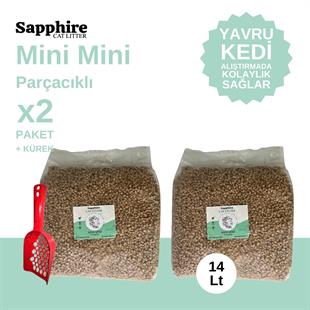 Sapphire Mini Mini Parçacıklı Topaklanan Tozsuz Kedi Kumu 14 Lt + Kürek (7 Lt x 2 Adet)