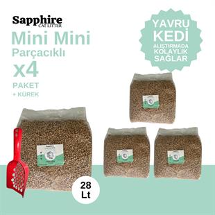 Sapphire Mini Mini Parçacıklı Topaklanan Tozsuz Kedi Kumu 28 Lt + Kürek (7 Lt x 4 Adet)